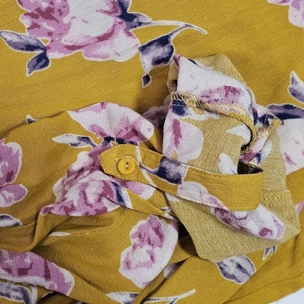 Umgee Top Yellow Pink Floral Drape Crossover Twist Hem Blouse Top Button Front